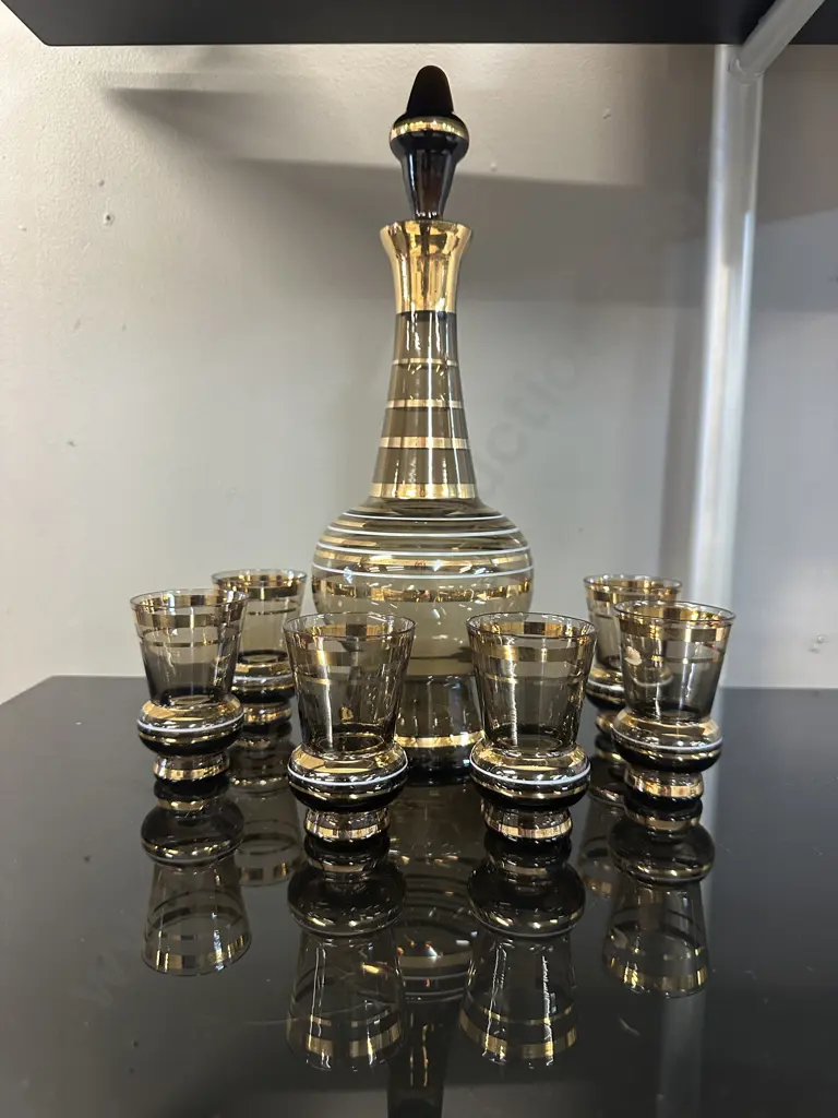Vintage Smoke Glass & Gold Stripe Decanter Set. H33cm Image 1++