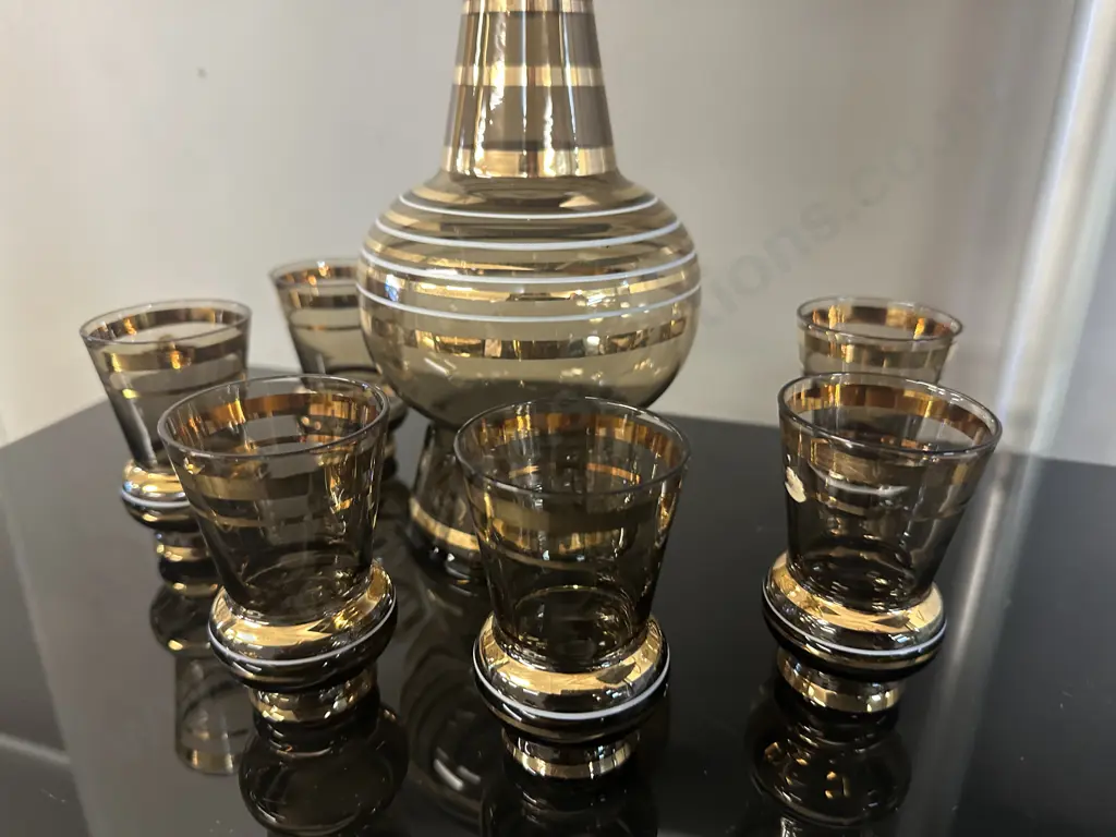 Vintage Smoke Glass & Gold Stripe Decanter Set. H33cm Image 1++