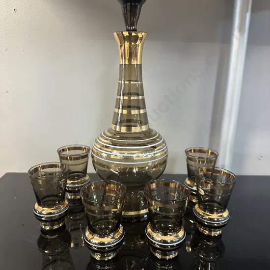 Vintage Smoke Glass & Gold Stripe Decanter Set. H33cm