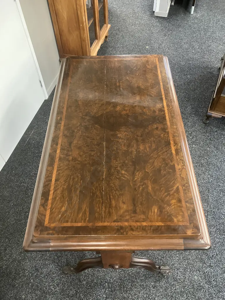 Antique Victorian Mahogany & Burr Walnut Stretcher Table With Architectural End Supports (As Found) H79 W131 D75 Image 1++