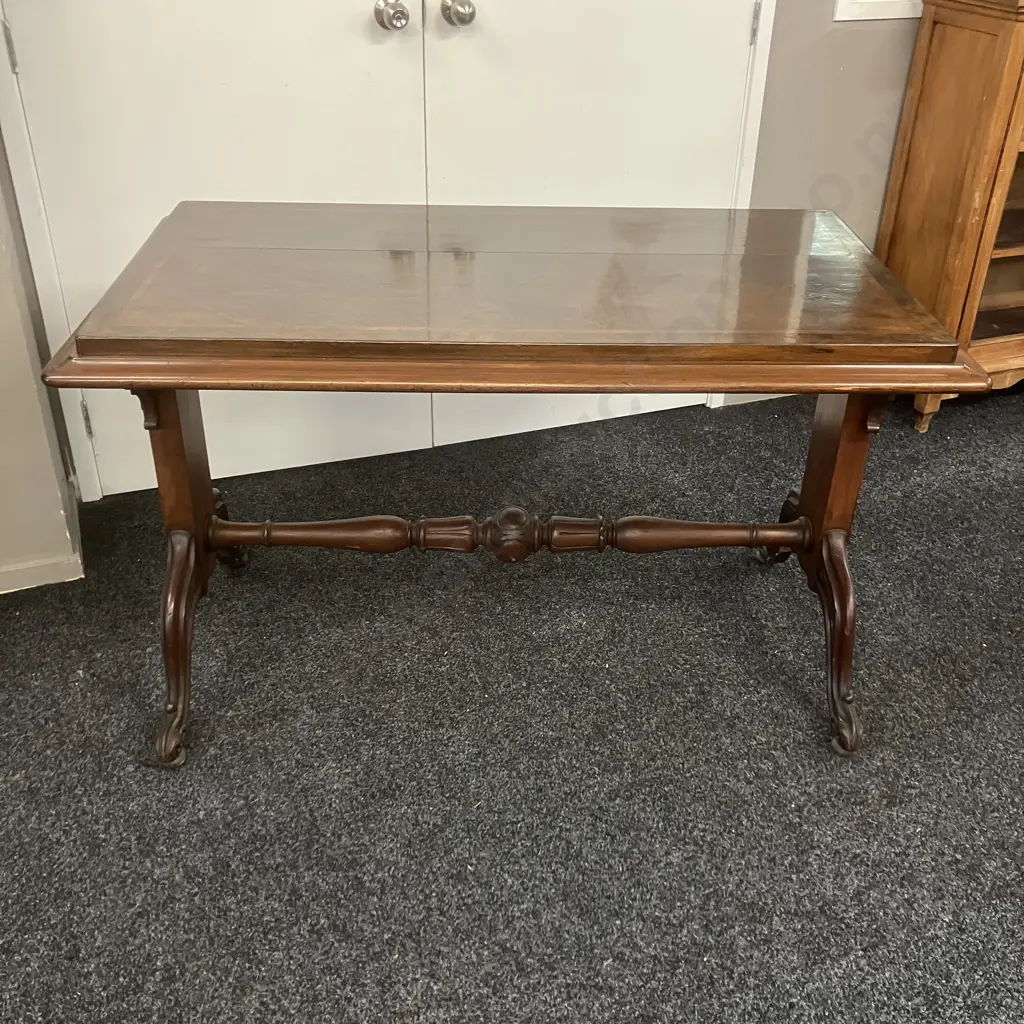 Antique Victorian Mahogany & Burr Walnut Stretcher Table With Architectural End Supports (As Found) H79 W131 D75 Image 1++