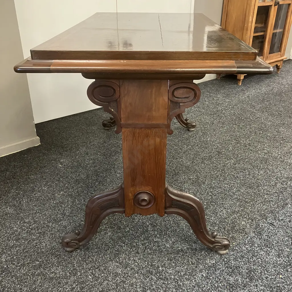 Antique Victorian Mahogany & Burr Walnut Stretcher Table With Architectural End Supports (As Found) H79 W131 D75 Image 1++