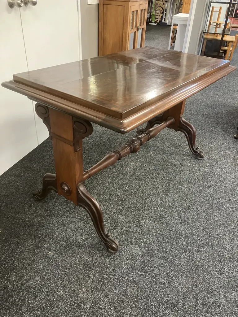Antique Victorian Mahogany & Burr Walnut Stretcher Table With Architectural End Supports (As Found) H79 W131 D75 Image 1++