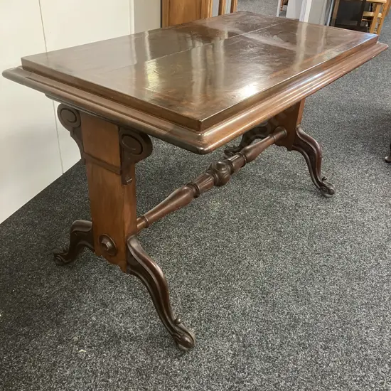 Antique Victorian Mahogany & Burr Walnut Stretcher Table With Architectural End Supports (As Found) H79 W131 D75
