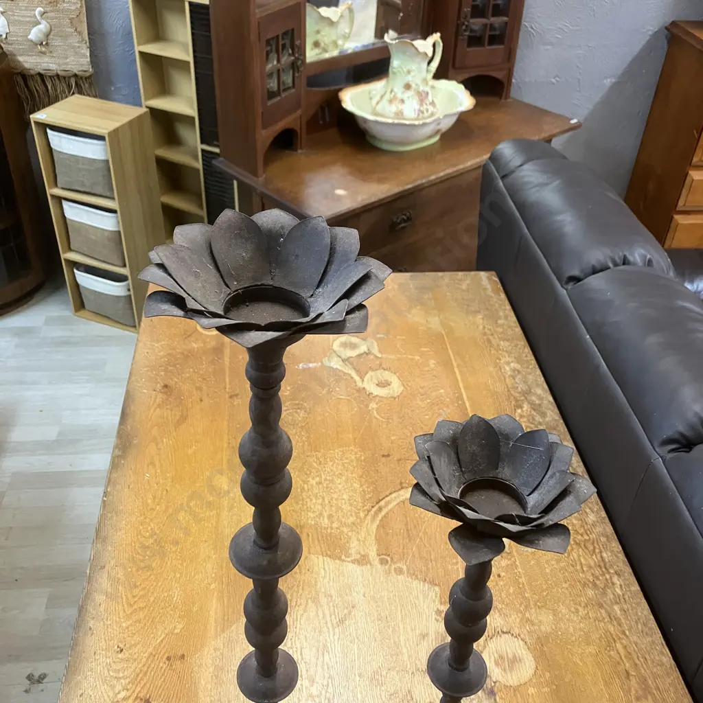 Pair of Vintage Tall Metal Candle Holders, Petal Look Top. H 78 & 61cm Image 1++