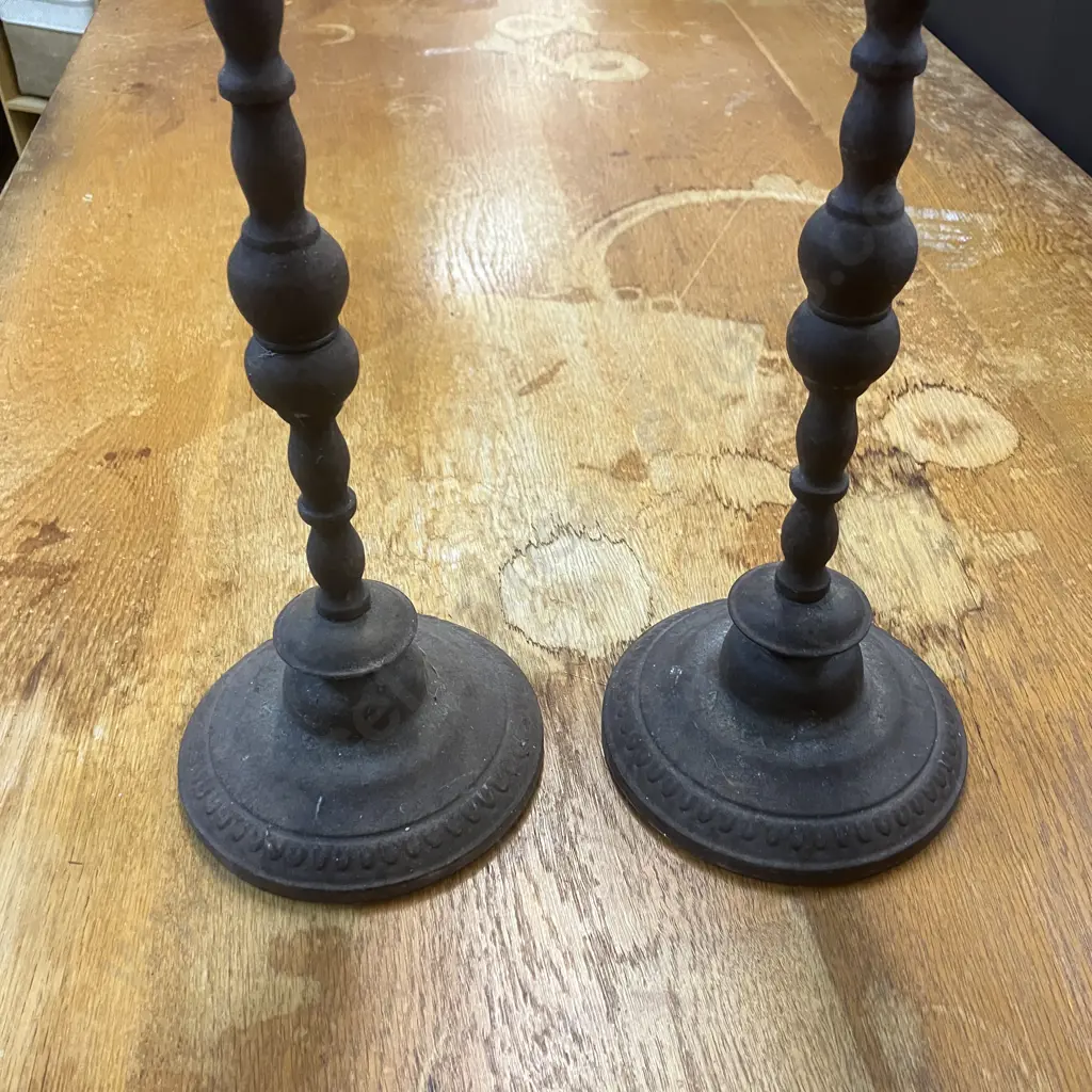 Pair of Vintage Tall Metal Candle Holders, Petal Look Top. H 78 & 61cm Image 1++
