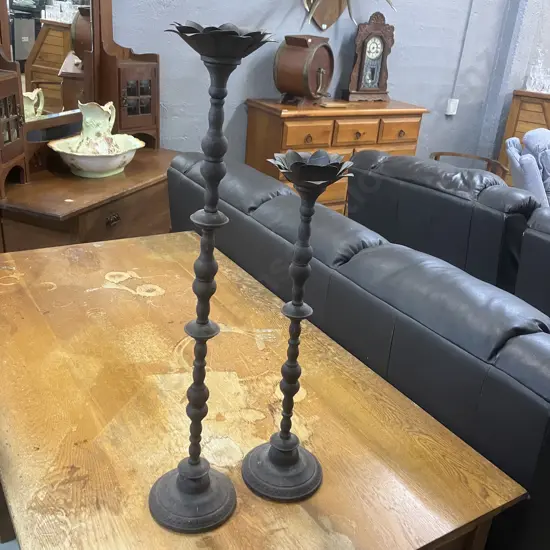 Pair of Vintage Tall Metal Candle Holders, Petal Look Top. H 78 & 61cm