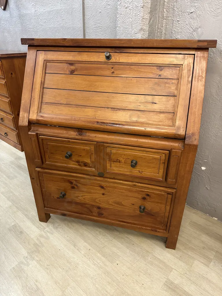 Cottage Hill Pine Fall Front Desk / Secretaire, Metal Handles, Partitioned Interior, Writing Leather. H117 W100 D48cm Image 1++