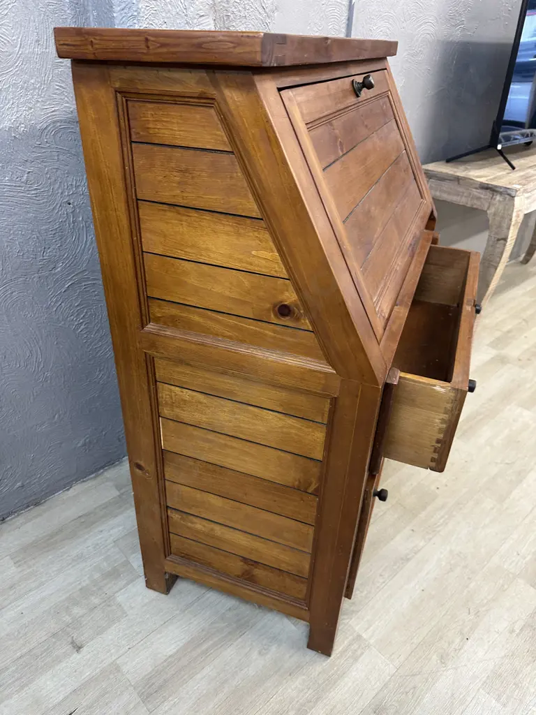 Cottage Hill Pine Fall Front Desk / Secretaire, Metal Handles, Partitioned Interior, Writing Leather. H117 W100 D48cm Image 1++