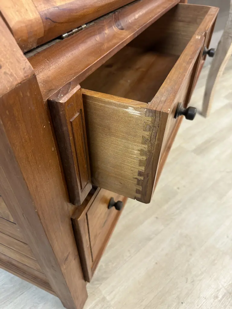 Cottage Hill Pine Fall Front Desk / Secretaire, Metal Handles, Partitioned Interior, Writing Leather. H117 W100 D48cm Image 1++