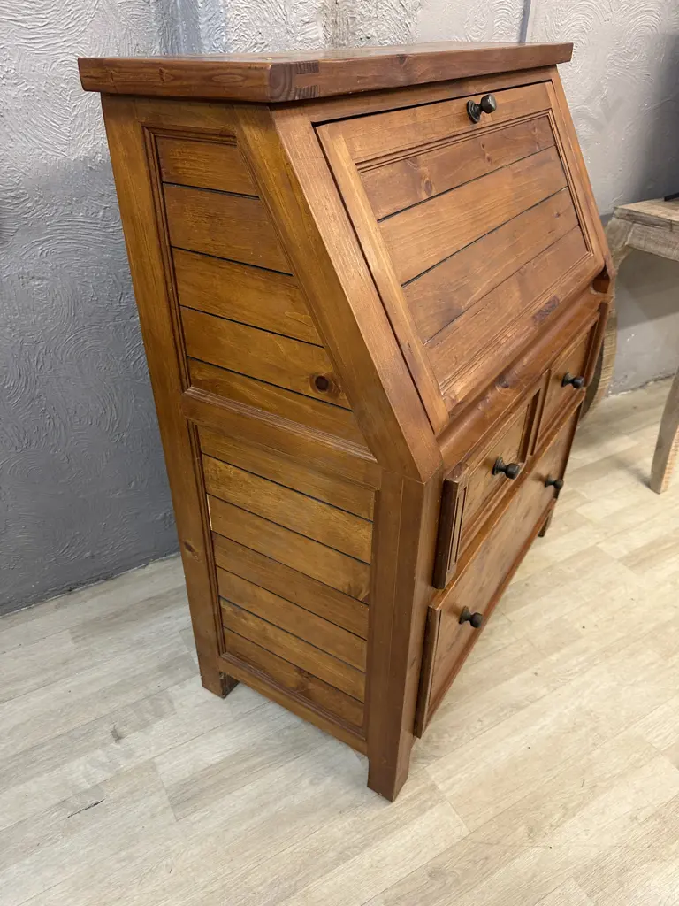 Cottage Hill Pine Fall Front Desk / Secretaire, Metal Handles, Partitioned Interior, Writing Leather. H117 W100 D48cm Image 1++
