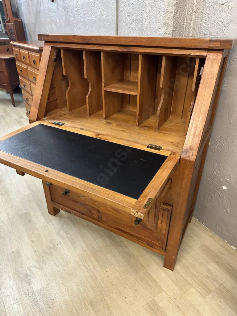 Cottage Hill Pine Fall Front Desk / Secretaire, Metal Handles, Partitioned Interior, Writing Leather. H117 W100 D48cm Image 1++