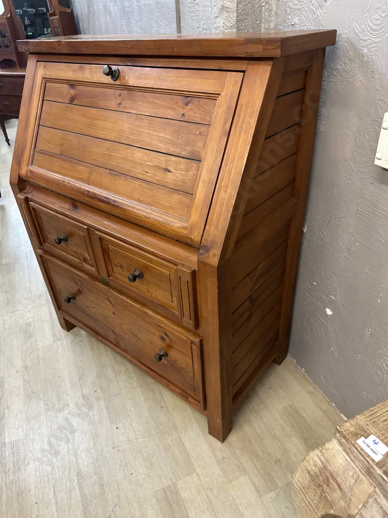 Cottage Hill Pine Fall Front Desk / Secretaire, Metal Handles, Partitioned Interior, Writing Leather. H117 W100 D48cm Image 1++