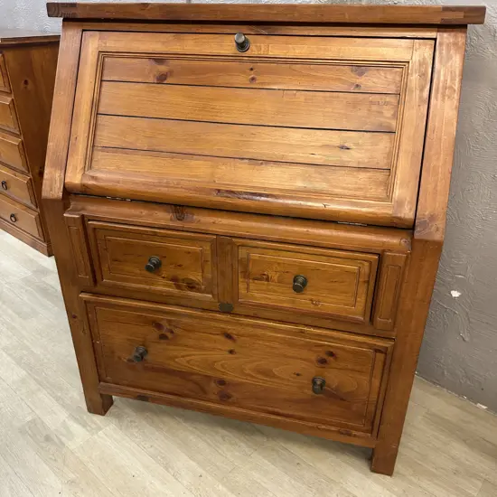Cottage Hill Pine Fall Front Desk / Secretaire, Metal Handles, Partitioned Interior, Writing Leather. H117 W100 D48cm