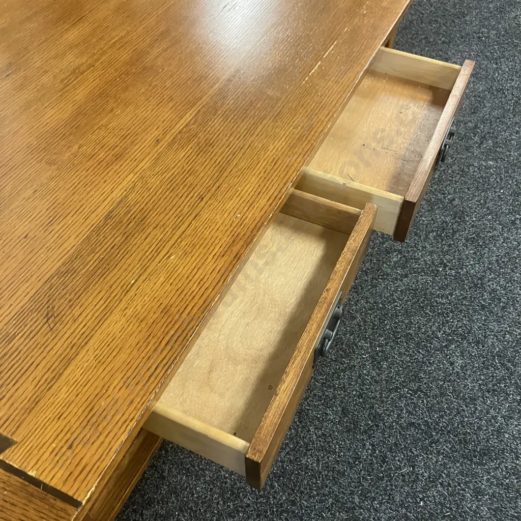 Large Oak Coffee Table With 2 Drawers & Undershelf, Black Wrought Handles, Inlaid Detail On Top. H47 W122 D71cm Image 1++