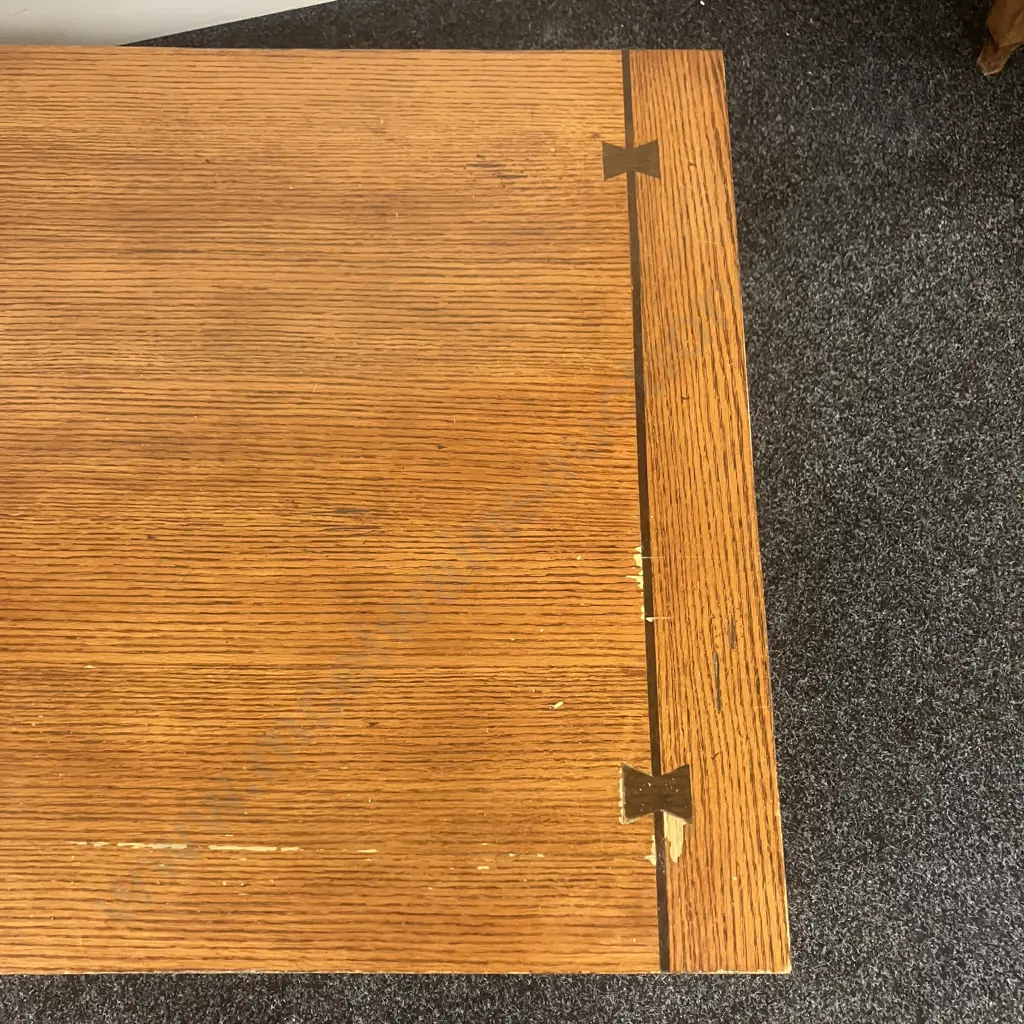 Large Oak Coffee Table With 2 Drawers & Undershelf, Black Wrought Handles, Inlaid Detail On Top. H47 W122 D71cm Image 1++