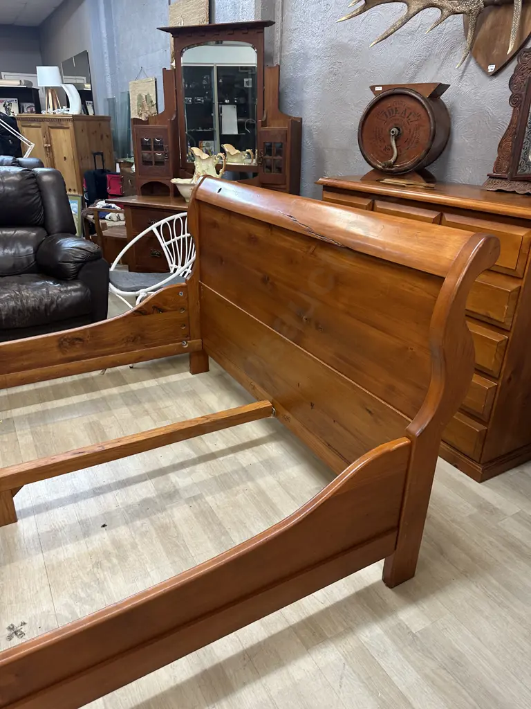 Solid Rimu Sleigh Bed. H105 W228 D165cm (Needs Some Fittings) Image 1++