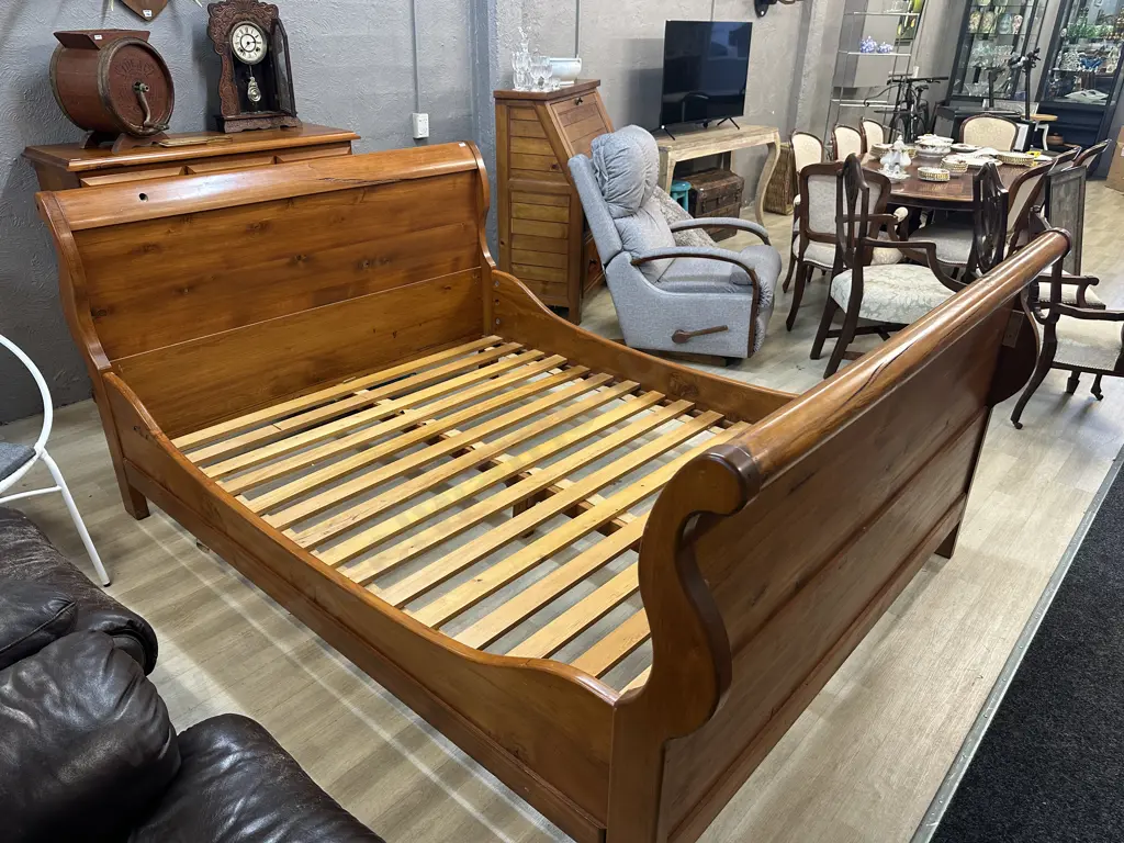 Solid Rimu Sleigh Bed. H105 W228 D165cm (Needs Some Fittings) Image 1++