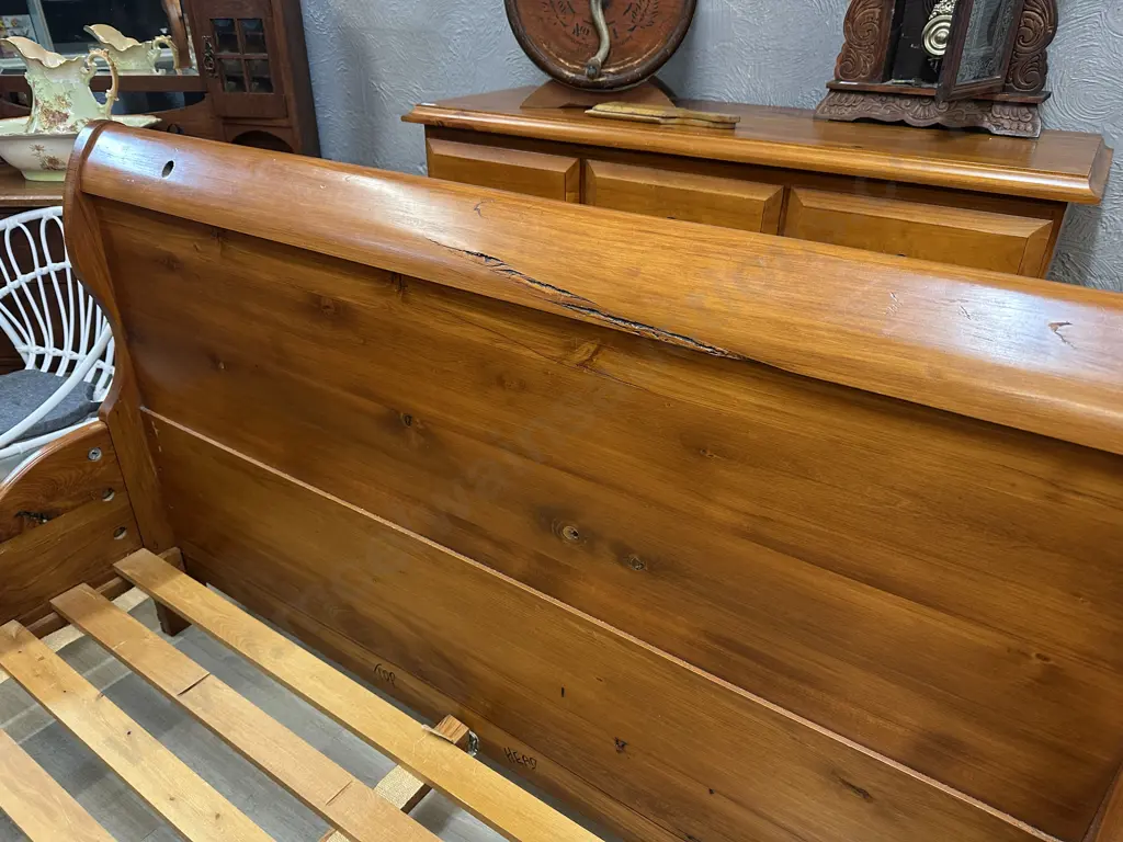 Solid Rimu Sleigh Bed. H105 W228 D165cm (Needs Some Fittings) Image 1++