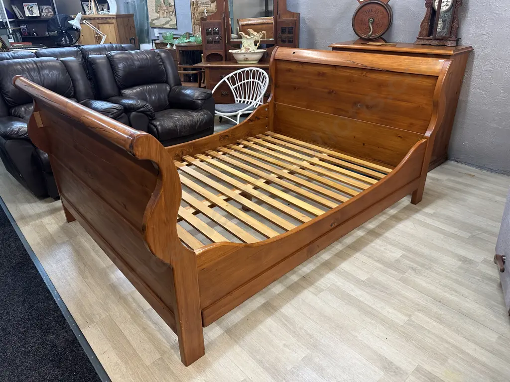 Solid Rimu Sleigh Bed. H105 W228 D165cm (Needs Some Fittings) Image 1++
