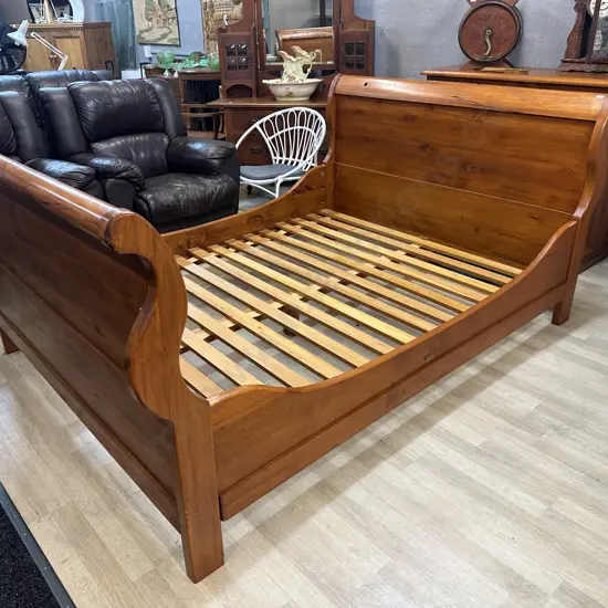Solid Rimu Sleigh Bed. H105 W228 D165cm (Needs Some Fittings)