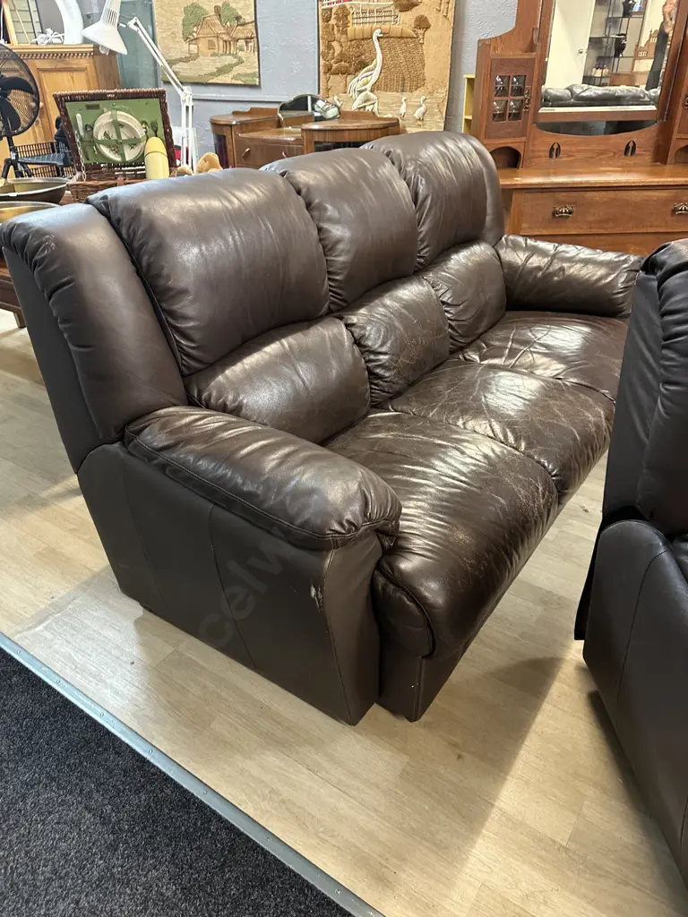 Chocolate Brown Leather 3 Seater Sofa With Two Reclining Armchairs (Colour As Found) Image 1++
