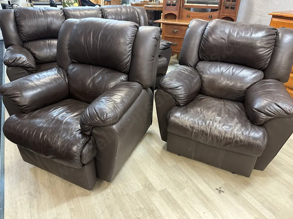 Chocolate Brown Leather 3 Seater Sofa With Two Reclining Armchairs (Colour As Found) Image 1++