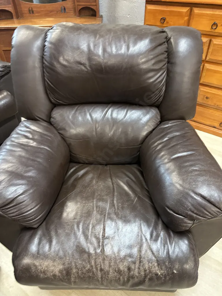Chocolate Brown Leather 3 Seater Sofa With Two Reclining Armchairs (Colour As Found) Image 1++