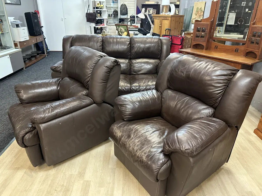 Chocolate Brown Leather 3 Seater Sofa With Two Reclining Armchairs (Colour As Found) Image 1++