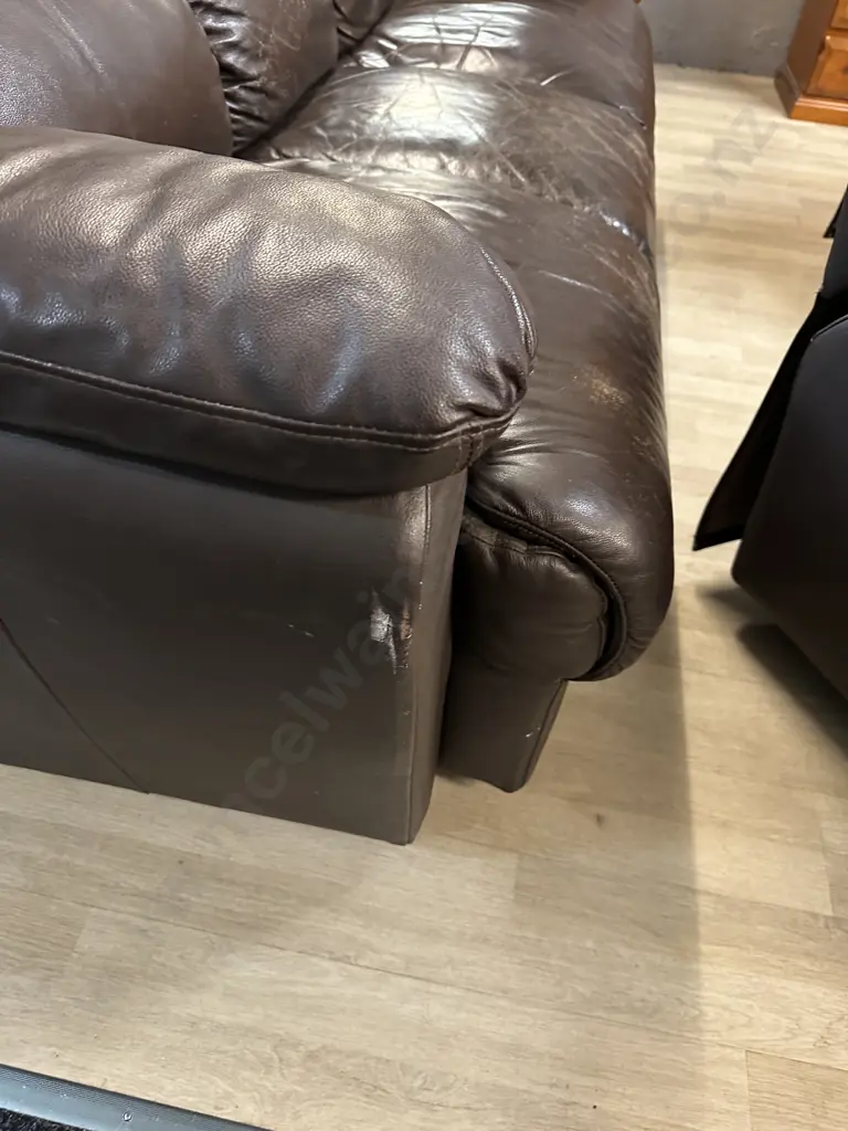 Chocolate Brown Leather 3 Seater Sofa With Two Reclining Armchairs (Colour As Found) Image 1++