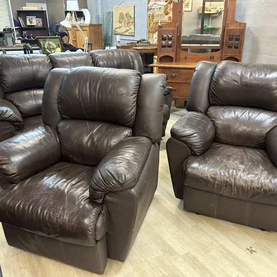 Chocolate Brown Leather 3 Seater Sofa With Two Reclining Armchairs (Colour As Found)