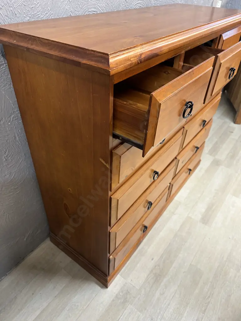 Solid Pine 11 Drawer Scotch Chest With Steel Black Ring Handles. H104 W120 D42cm Image 1++