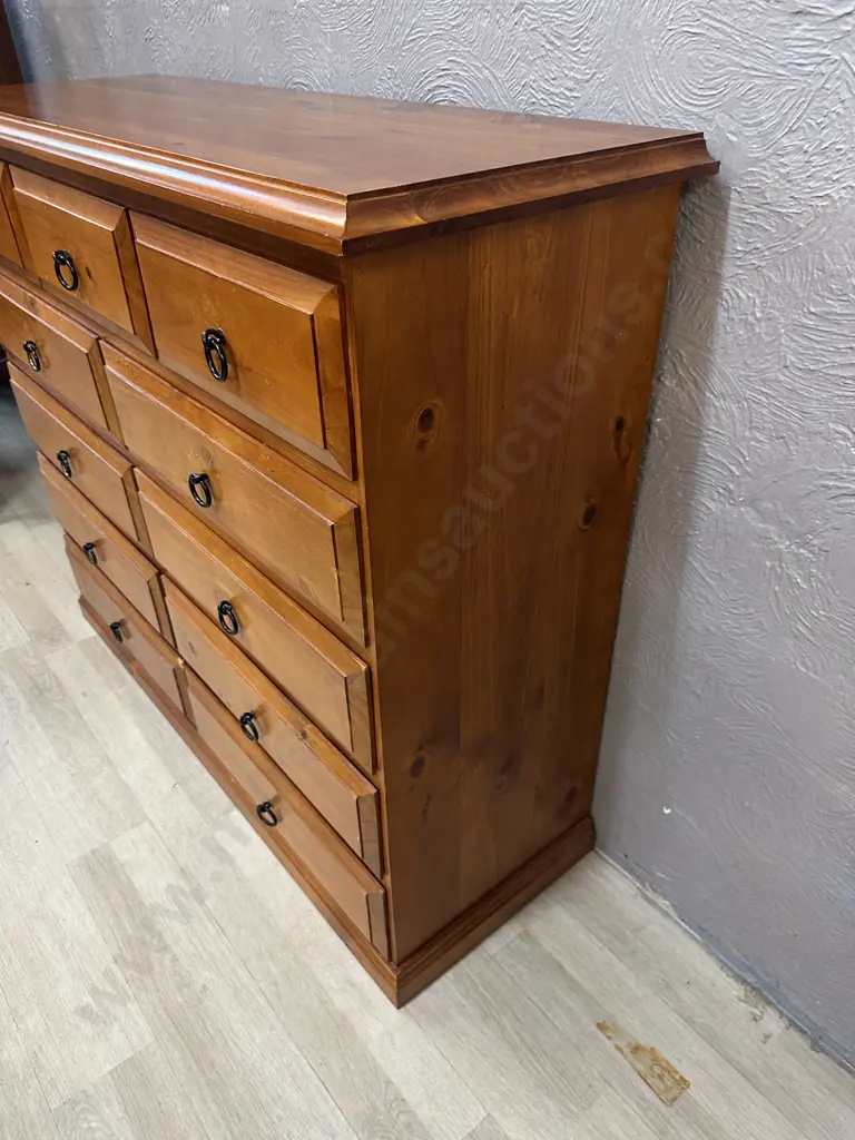 Solid Pine 11 Drawer Scotch Chest With Steel Black Ring Handles. H104 W120 D42cm Image 1++