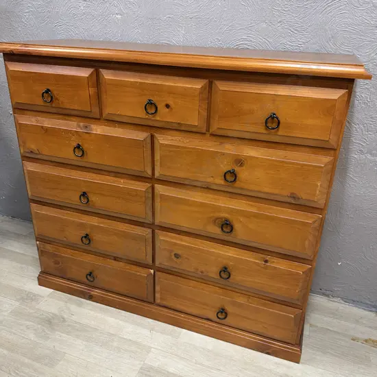 Solid Pine 11 Drawer Scotch Chest With Steel Black Ring Handles. H104 W120 D42cm