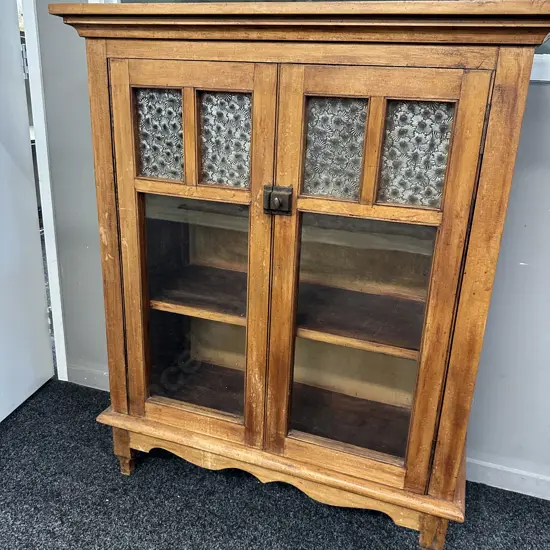 Colonial Glazed Double Door Bookcase With Antique Star Pattern Glass Panels. H109 W90 D37.5cm
