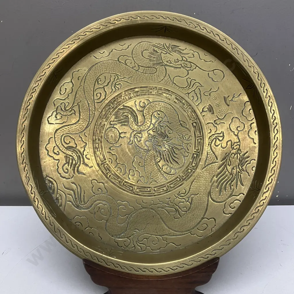 Brass Tray With Dragon Detail Dia 31cm With Wooden Stand Image 1++