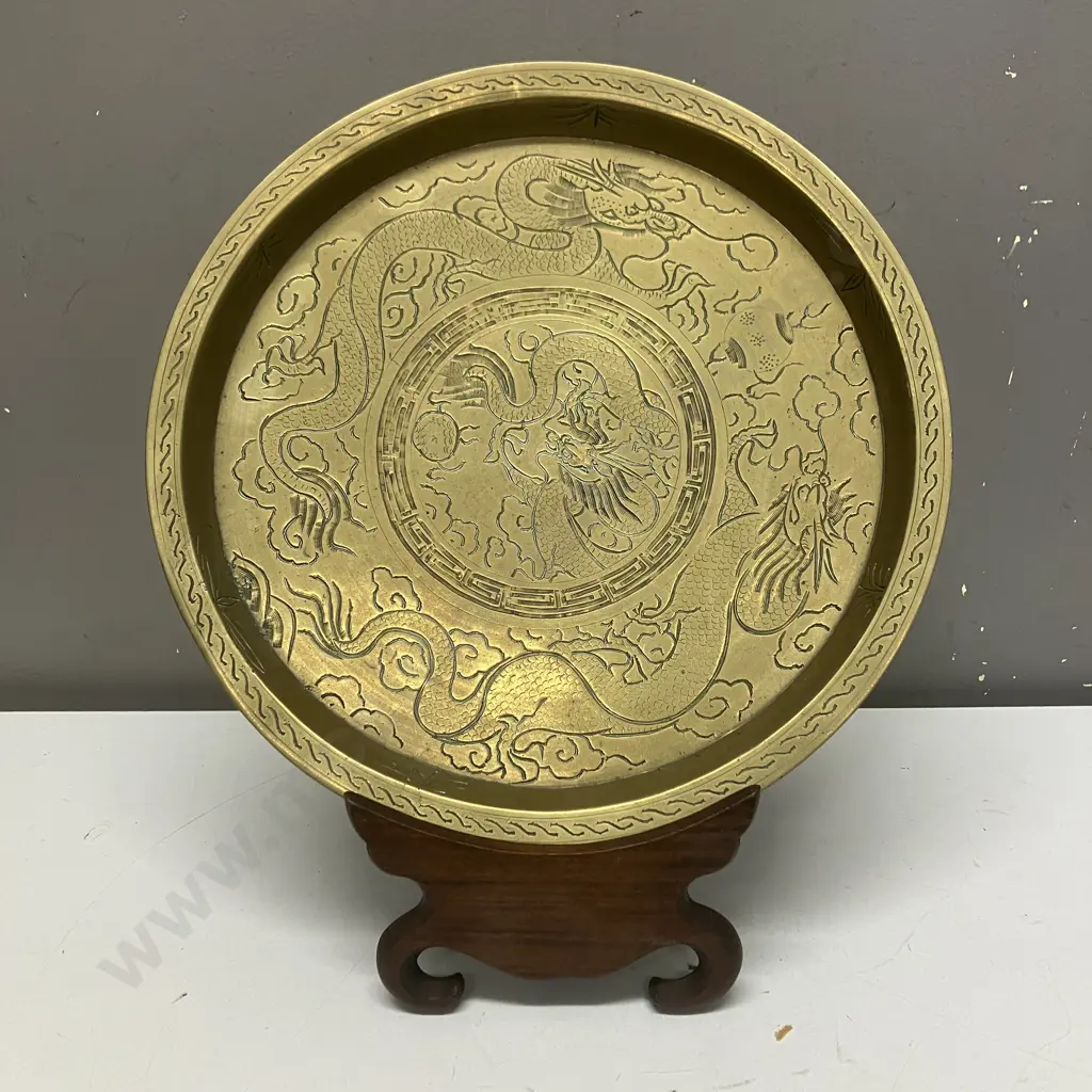 Brass Tray With Dragon Detail Dia 31cm With Wooden Stand Image 1++
