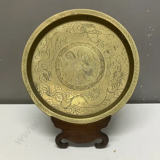 Brass Tray With Dragon Detail Dia 31cm With Wooden Stand