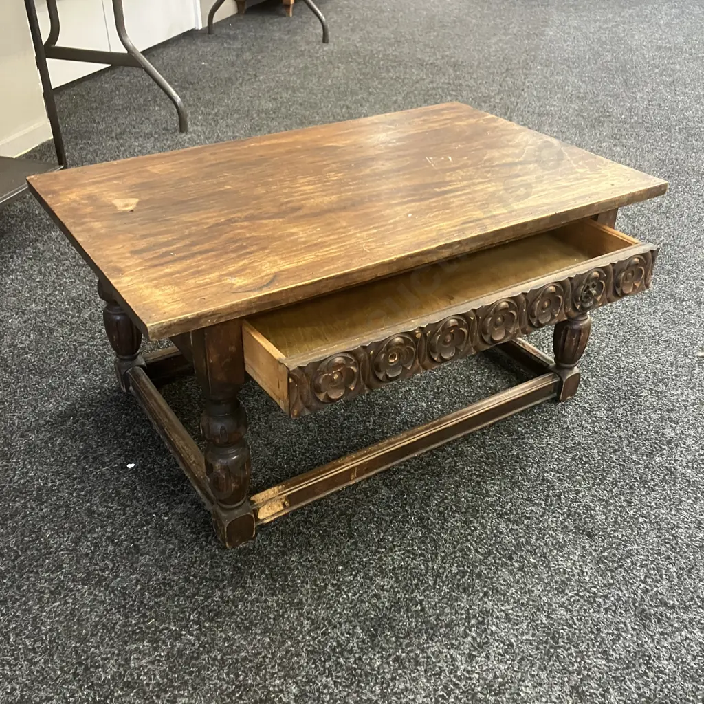 Carved English Oak Side Table With Single Drawer, Has Had Pine Top Added. H38 W78 D49.5cm Image 1++