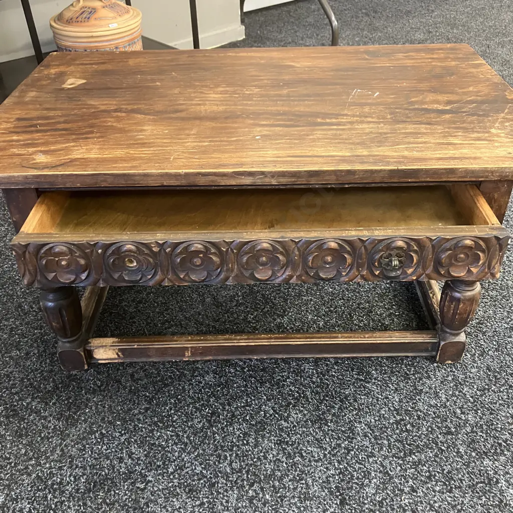 Carved English Oak Side Table With Single Drawer, Has Had Pine Top Added. H38 W78 D49.5cm Image 1++
