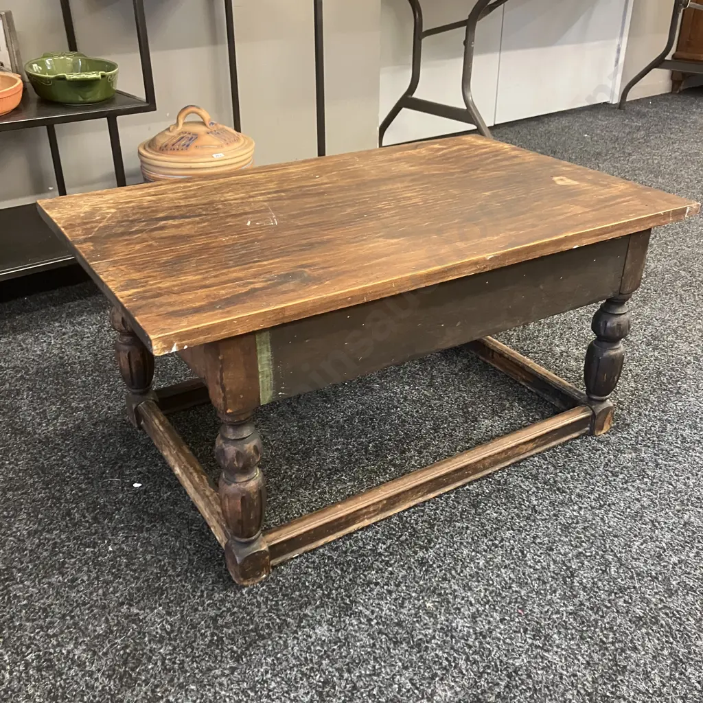Carved English Oak Side Table With Single Drawer, Has Had Pine Top Added. H38 W78 D49.5cm Image 1++