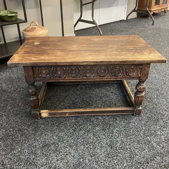 Carved English Oak Side Table With Single Drawer, Has Had Pine Top Added. H38 W78 D49.5cm