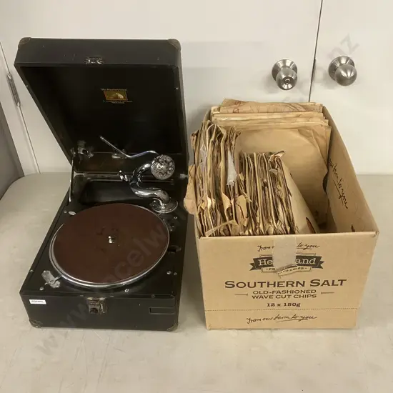 1930s HMV (His Masters Voice) Portable Gramophone Model 102 E With Box Lot of Assorted 78s