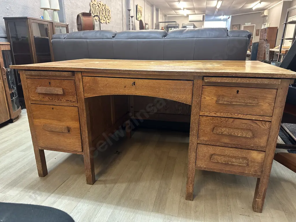 Antique Oak 6 Drawer Partners Desk With Key, 2 Flat Pull Outs. H76 W151.5 D85cm Image 1++