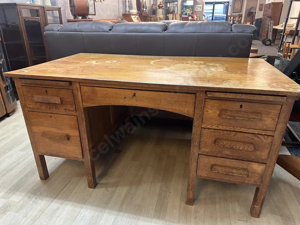 Antique Oak 6 Drawer Partners Desk With Key, 2 Flat Pull Outs. H76 W151.5 D85cm Image 1++