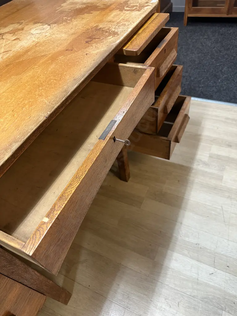 Antique Oak 6 Drawer Partners Desk With Key, 2 Flat Pull Outs. H76 W151.5 D85cm Image 1++