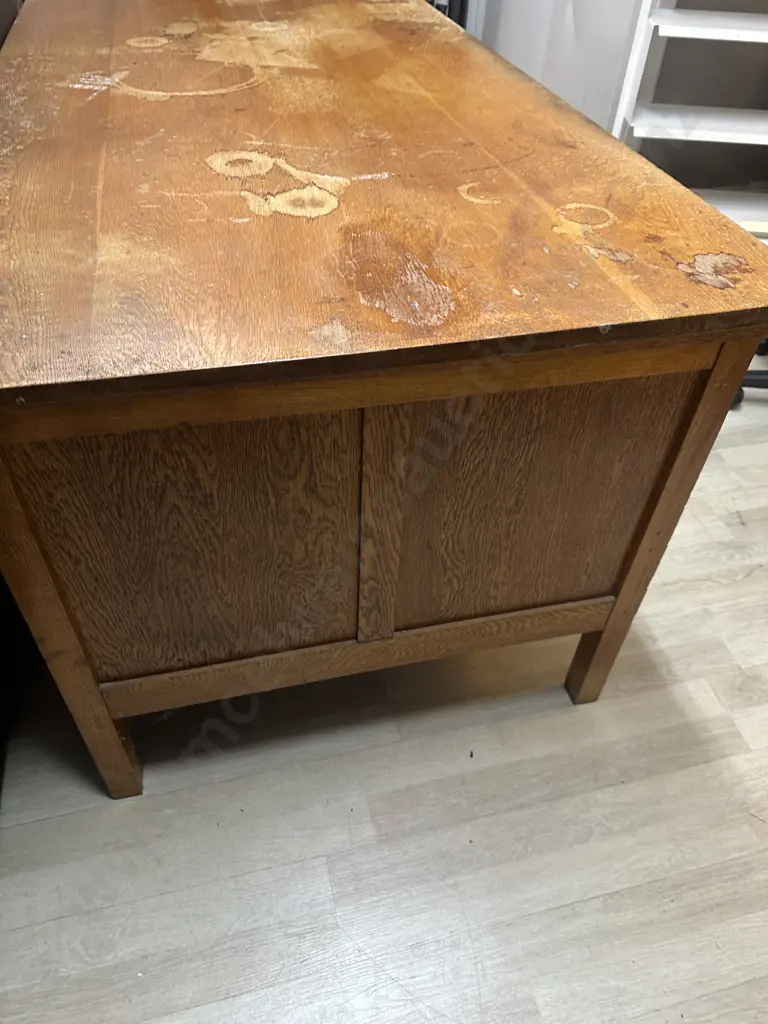 Antique Oak 6 Drawer Partners Desk With Key, 2 Flat Pull Outs. H76 W151.5 D85cm Image 1++
