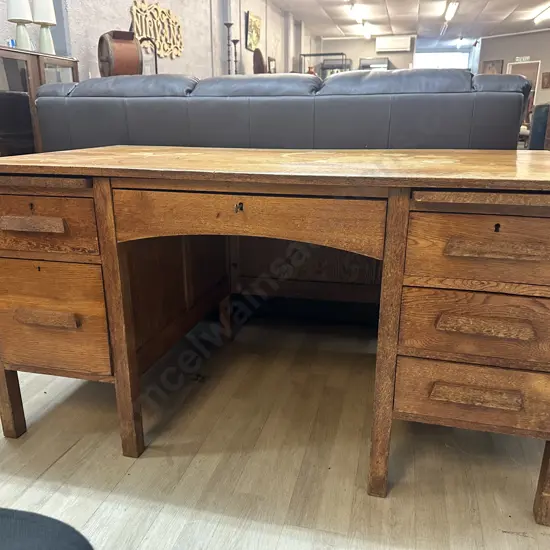 Antique Oak 6 Drawer Partners Desk With Key, 2 Flat Pull Outs. H76 W151.5 D85cm