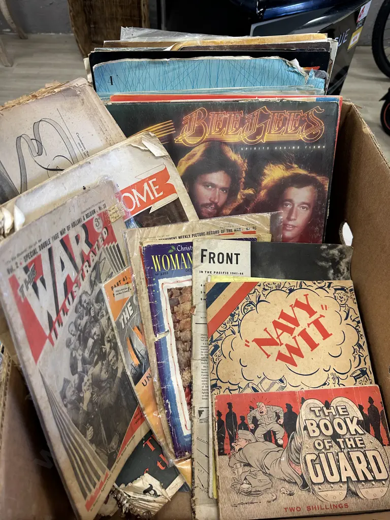 Box Of Assorted Lps, War Mags Etc Image 1++