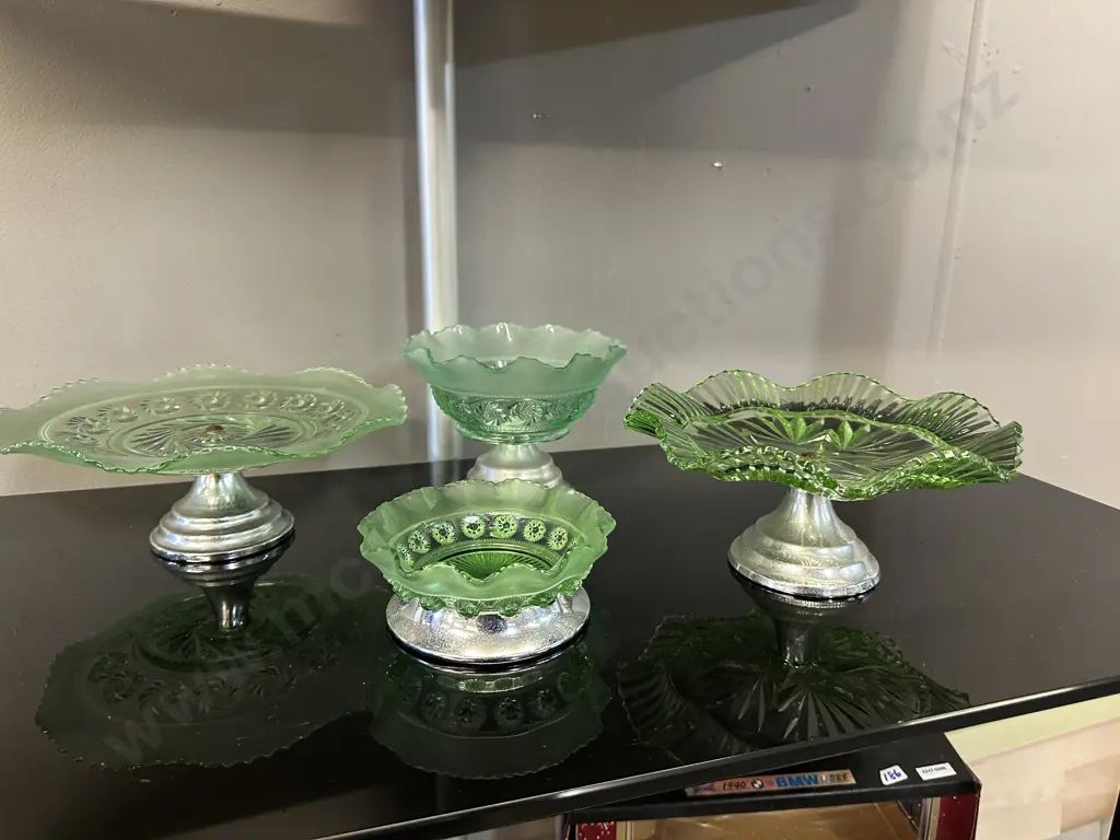 Selection Of Vintage Art Deco English Pressed Green Glass Bowls With Metal Stands Image 1++